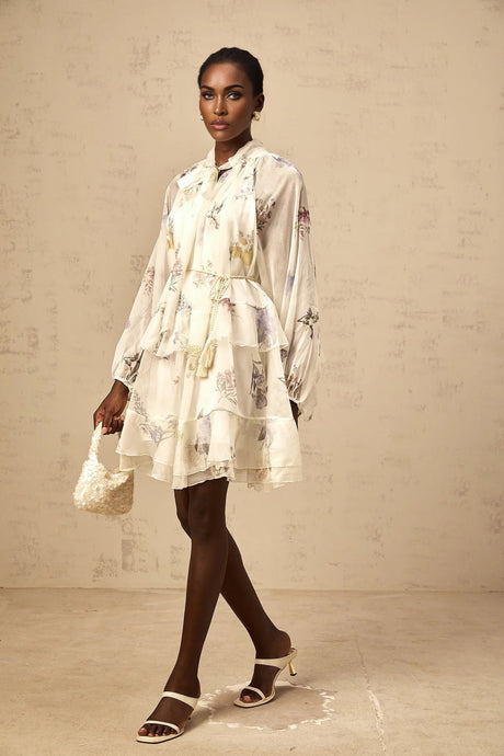 Pasqualina Mini Dress White Floral Print Tiered Chiffon & Ribbon Tie - Front