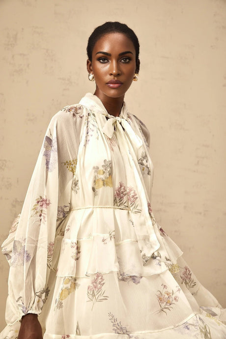Pasqualina Mini Dress White Floral Print Tiered Chiffon & Ribbon Tie - Front