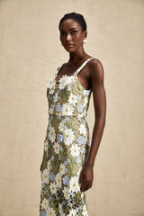 Pasquina Floral Midi Dress with Sweetheart Neck & FauxFlower Embellishment