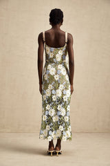 Pasquina Floral Midi Dress with Sweetheart Neck & FauxFlower Embellishment