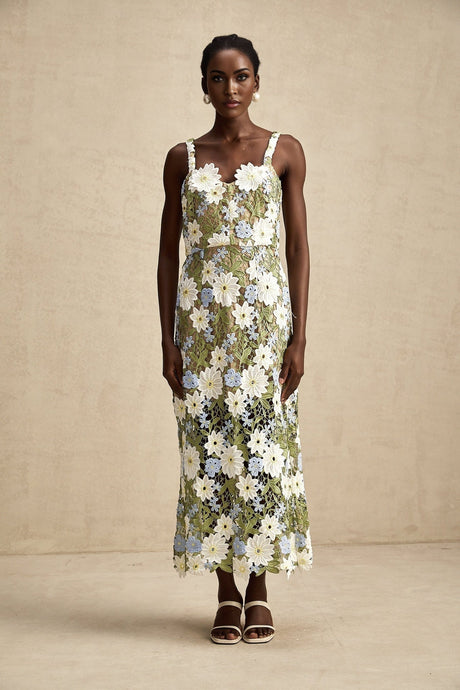 Pasquina Floral Midi Dress with Sweetheart Neck & FauxFlower Embellishment