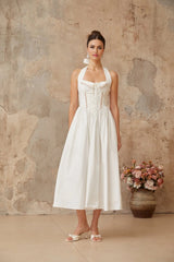 Pasquina Midi Dress White Lace - Up Detail Embroidered Floral Shirred Calf - Length
