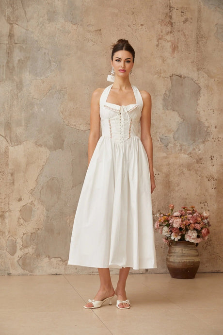 Pasquina Midi Dress White Lace - Up Detail Embroidered Floral Shirred Calf - Length
