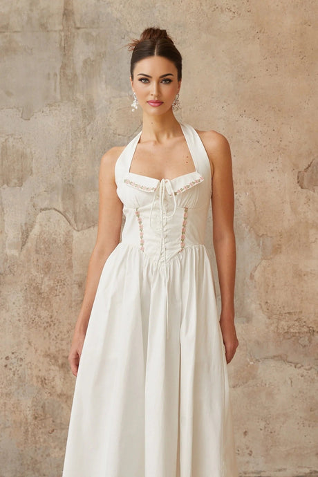 Pasquina Midi Dress White Lace - Up Detail Embroidered Floral Shirred Calf - Length