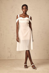 Pasquina Midi Dress White Semi - Sheer Tulle Ruched & Boned