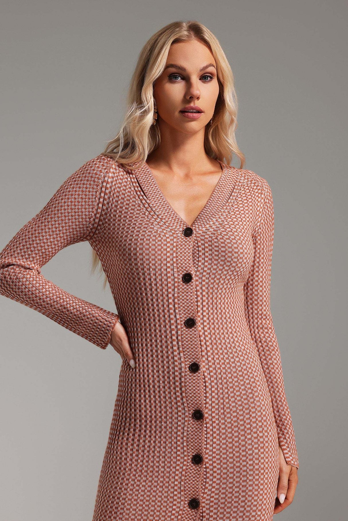 Pasquina Pink V-Neck Button-Down Midi Dress with Knit Detailing and Slit Hem