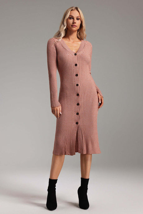Pasquina Pink V-Neck Button-Down Midi Dress