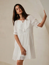 Patchwork Soluble Lace Casual Dress With Tie Collar
