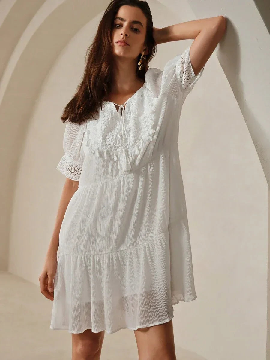 Patchwork Soluble Lace Casual Dress With Tie Collar