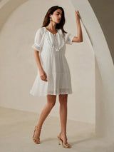 Patchwork Soluble Lace Casual Dress With Tie Collar