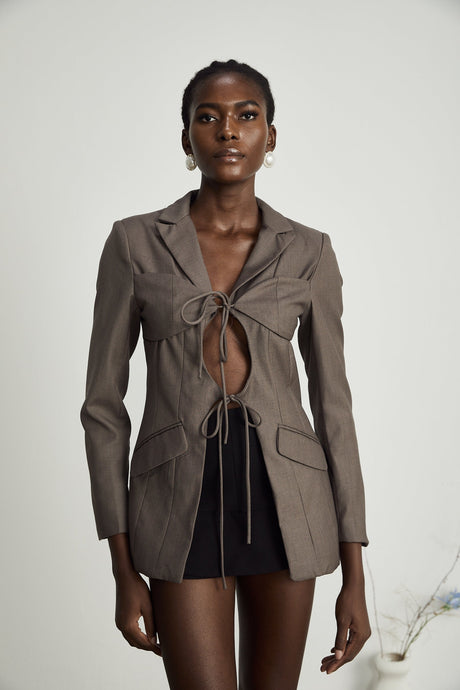 Patrizia Blazer Grey Tie Up Design & Fitted Two Pockets