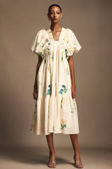 Patrizia Cream Floral Midi Dress with Puff Sleeves and V-Neckline