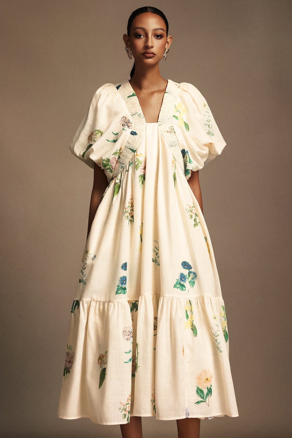 Patrizia Cream Floral Midi Dress with Puff Sleeves and V-Neckline