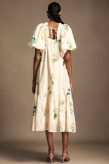 Patrizia Cream Floral Midi Dress with Puff Sleeves and V-Neckline
