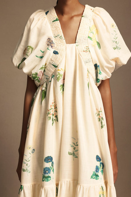 Patrizia Cream Floral Midi Dress with Puff Sleeves and V-Neckline