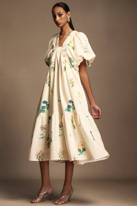 Patrizia Cream Floral Print Puff Sleeve V-Neckline Midi Dress for Special Occasions