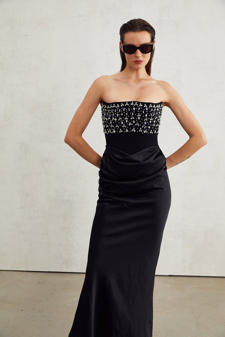 Patrizia Maxi Dress - Off Shoulder Pleated Design with Crystal Embellishment & Flared Hem