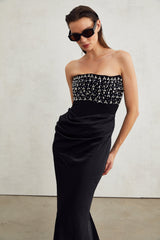 Patrizia Maxi Dress - Off Shoulder Pleated Design with Crystal Embellishment & Flared Hem