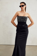Patrizia Maxi Dress - Off Shoulder Pleated Design with Crystal Embellishment & Flared Hem