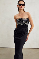 Patrizia Maxi Dress - Off Shoulder Pleated Design with Crystal Embellishment & Flared Hem