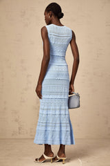Patrizia Midi Dress Blue Crochet Ruffled Trim Flared Hem Stretch