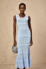 Patrizia Midi Dress Blue Crochet Ruffled Trim Flared Hem Stretch