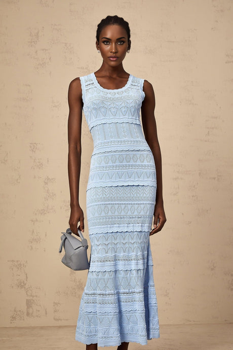 Patrizia Midi Dress Blue Crochet Ruffled Trim Flared Hem Stretch
