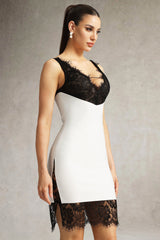 Patrizia White Lace Mini Dress V-Neckline Fitted Silhouette Elegant Sophisticated Chic Stylish Versatile Comfortable