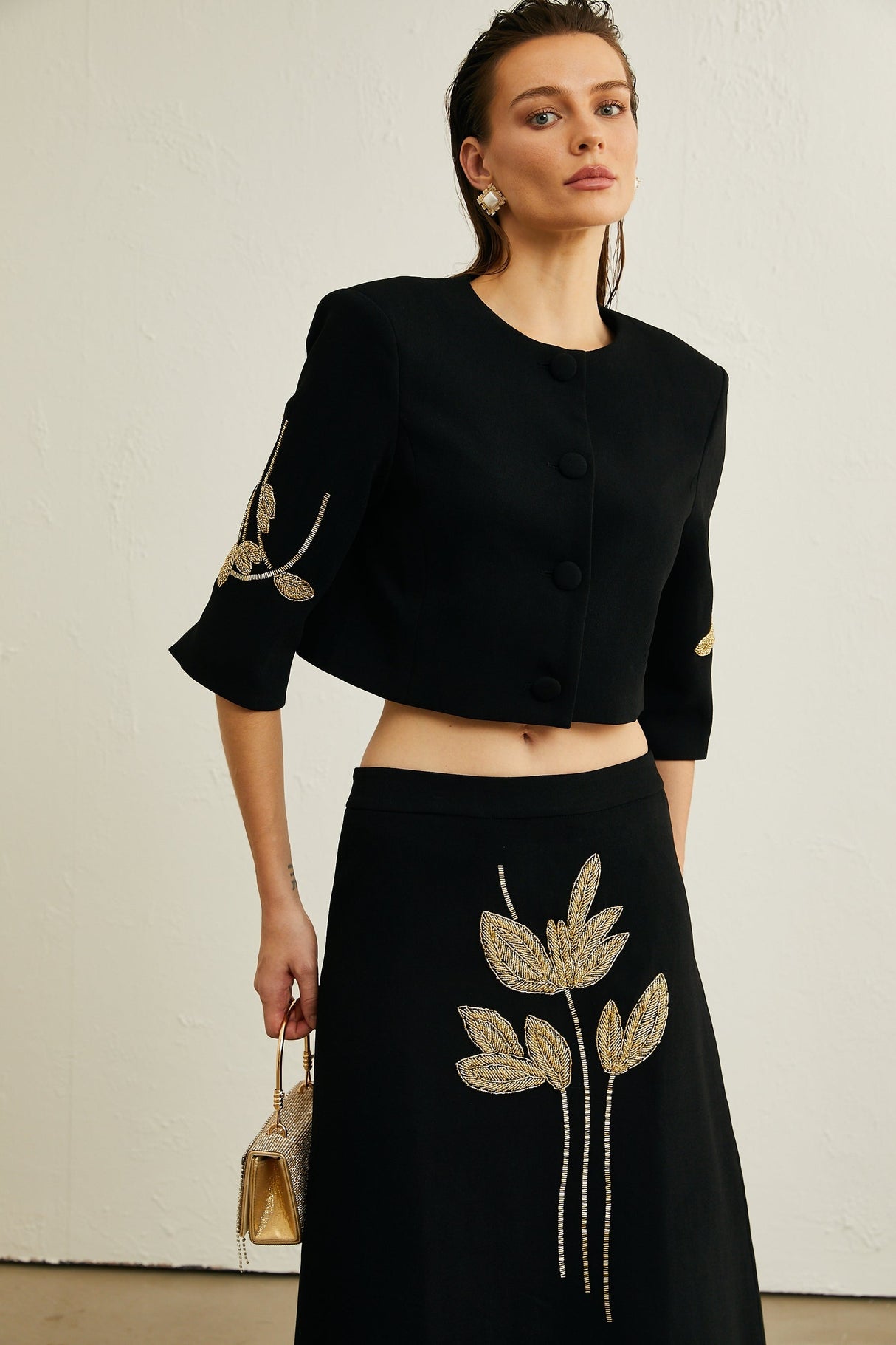 Pauline black floralappliqué jacket  skirt matching set