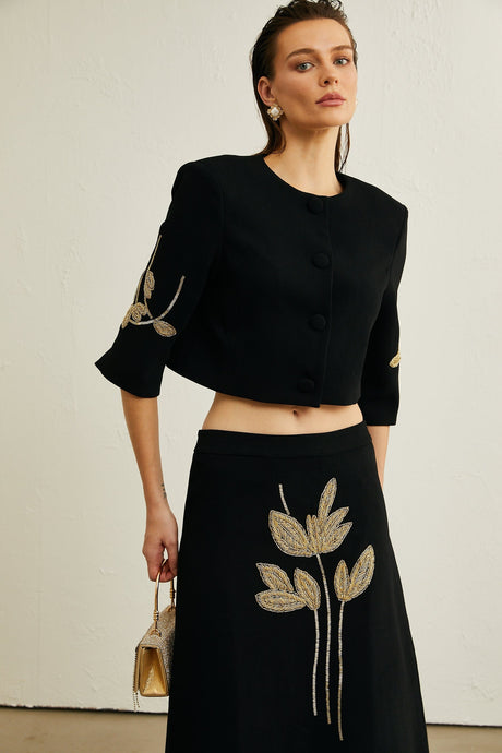 Pauline black floralappliqué jacket  skirt matching set