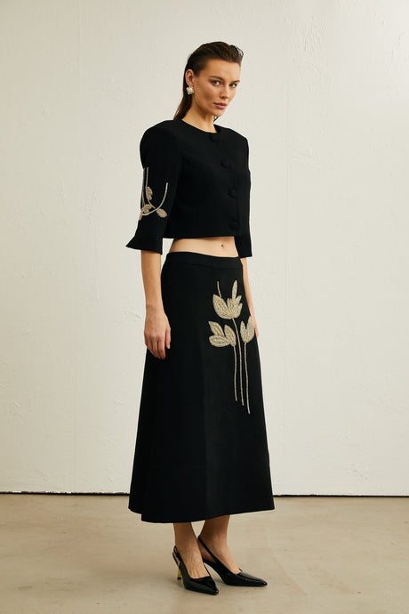 Pauline black floralappliqué jacket  skirt matching set