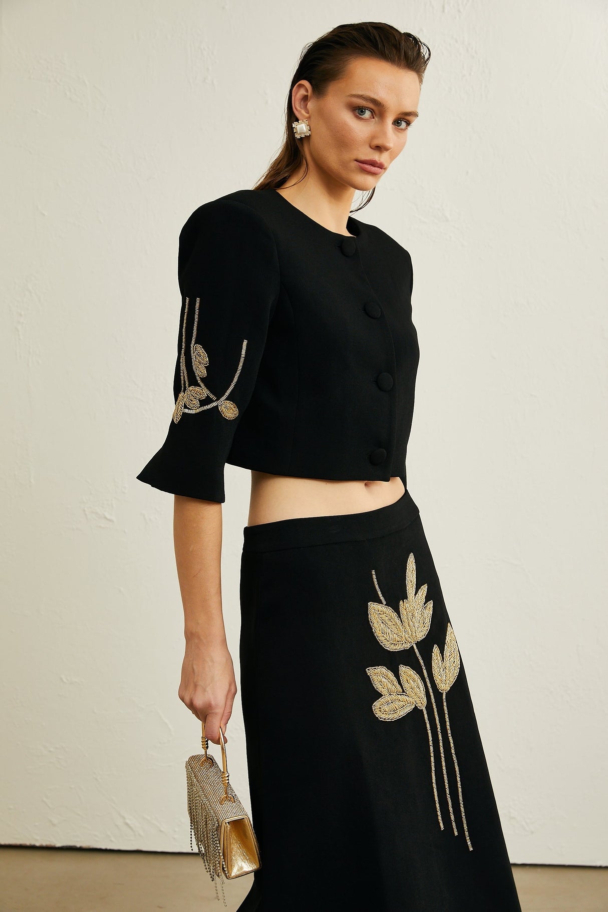 Pauline black floralappliqué jacket  skirt matching set