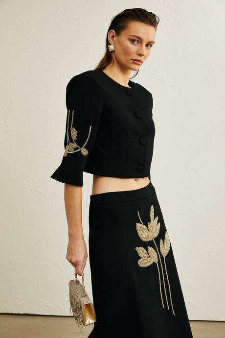 Pauline black floralappliqué jacket  skirt matching set