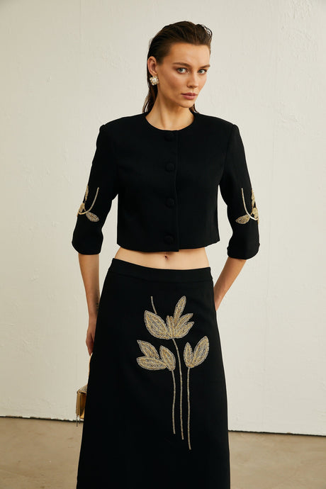 Pauline black floralappliqué jacket  skirt matching set