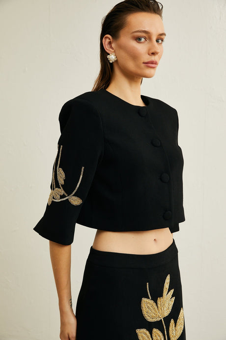 Pauline black floralappliqué jacket  skirt matching set