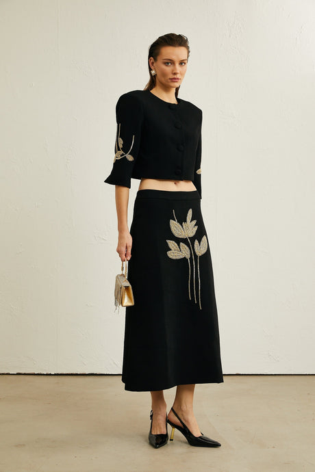Pauline black floralappliqué jacket  skirt matching set