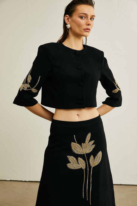 Pauline black floralappliqué jacket  skirt matching set