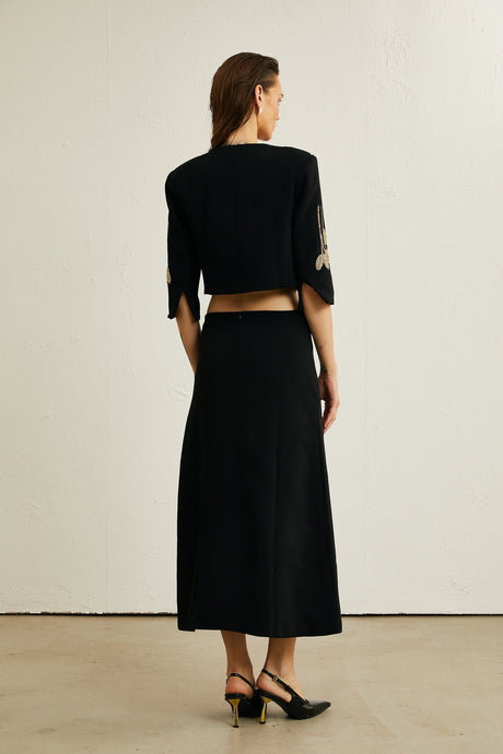 Pauline black floralappliqué jacket  skirt matching set