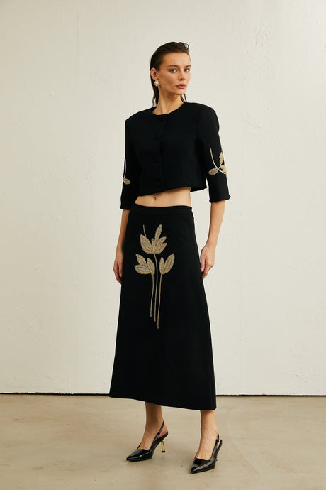 Pauline black floralappliqué jacket  skirt matching set