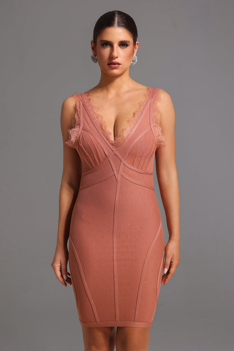 Peach Lionce Bandage Sleeveless V Neck Lace Mini Dress