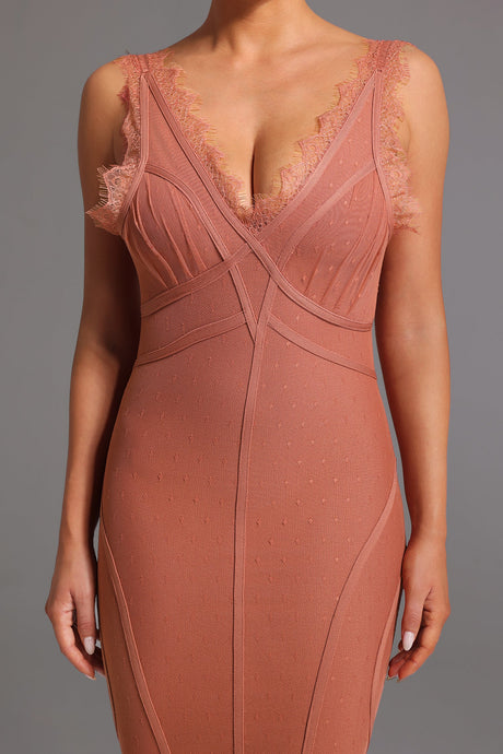 Peach Lionce Bandage Sleeveless V Neck Lace Mini Dress
