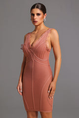 Peach Lionce Bandage Sleeveless V Neck Lace Mini Dress