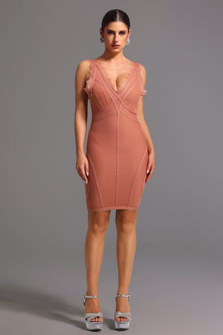 Peach Lionce Bandage Sleeveless V Neck Lace Mini Dress