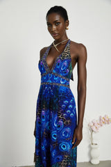 Peacock Print Halterneck Wide - Leg Silk Jumpsuit