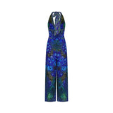Peacock Print Halterneck Wide - Leg Silk Jumpsuit