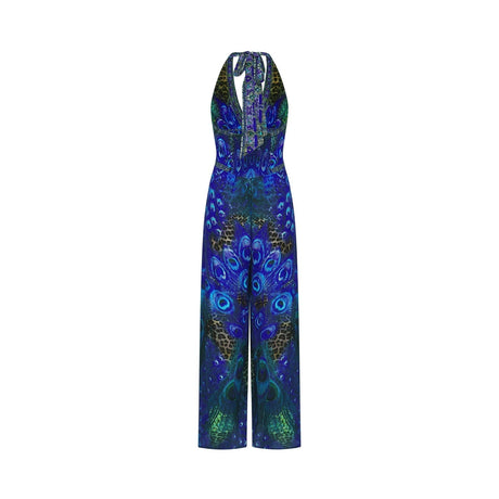 Peacock Print Halterneck Wide - Leg Silk Jumpsuit