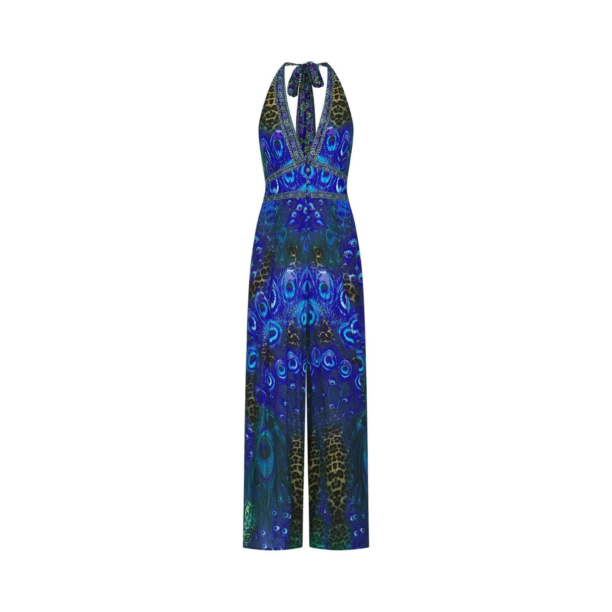 Peacock Print Halterneck Wide - Leg Silk Jumpsuit