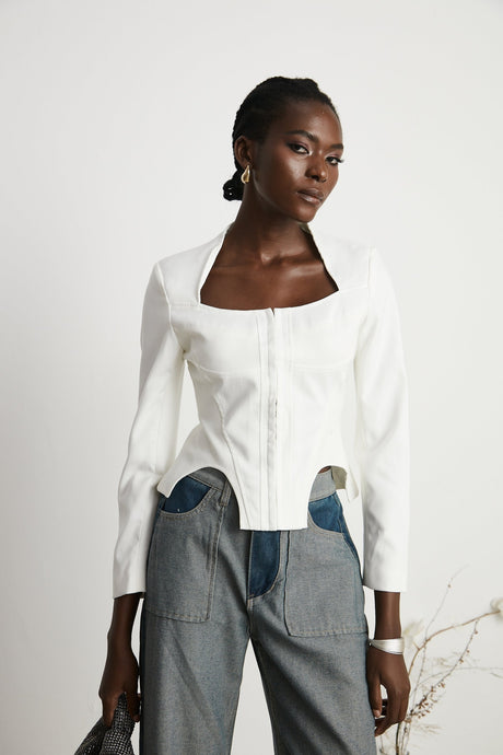 Penelope Corset Top White Square Neck Long Sleeve