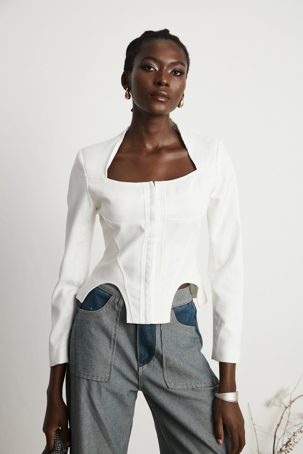 Penelope Corset Top White Square Neck Long Sleeve