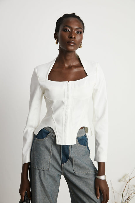 Penelope Corset Top White Square Neck Long Sleeve